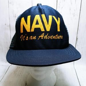 Vintage NAVY Its An Adventure Snapback Trucker Hat Blue and Gold (hb)